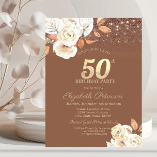 Herbst-Blumen-Glitter-Terrakotta 50. Geburtstag Einladung
