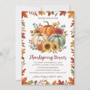 Herbst-Blumen-Kürbisse Thanksgiving-Abendessen Einladung