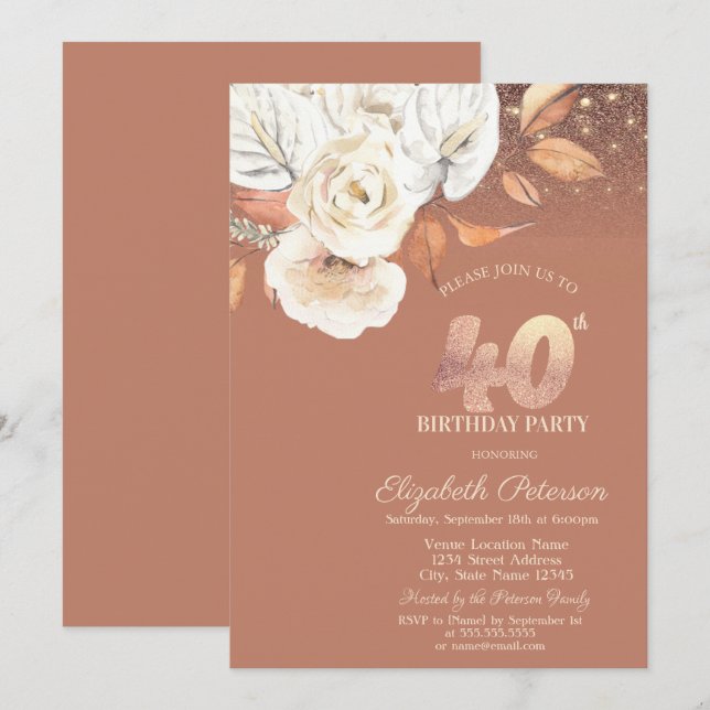 Herbst Blumen Lichter Glitter 40. Geburtstag Einladung (Vorne/Hinten)