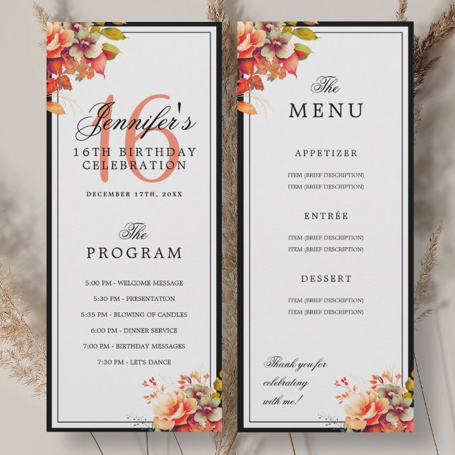 Herbst-Blumen-Programm-Menü zum 16. Geburtstag  Einladung (Autumn Fall Floral 16th Birthday Program Menu )