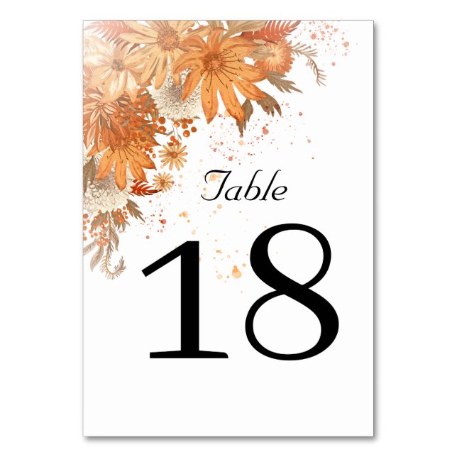 Herbst-Blumen-Rustikale-Aquarell-Hochzeit Tischnummer (Vorderseite)