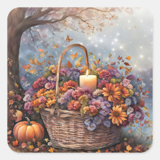Herbst-Blumen-und-Laub-Kerzenkorb Quadratischer Aufkleber