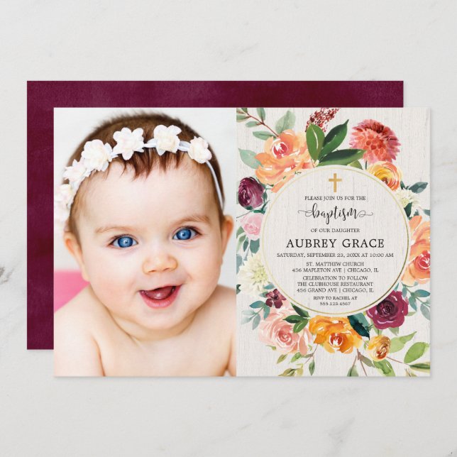 Herbst blumenburgund rot rustikale Taufe Foto Einladung (Vorne/Hinten)