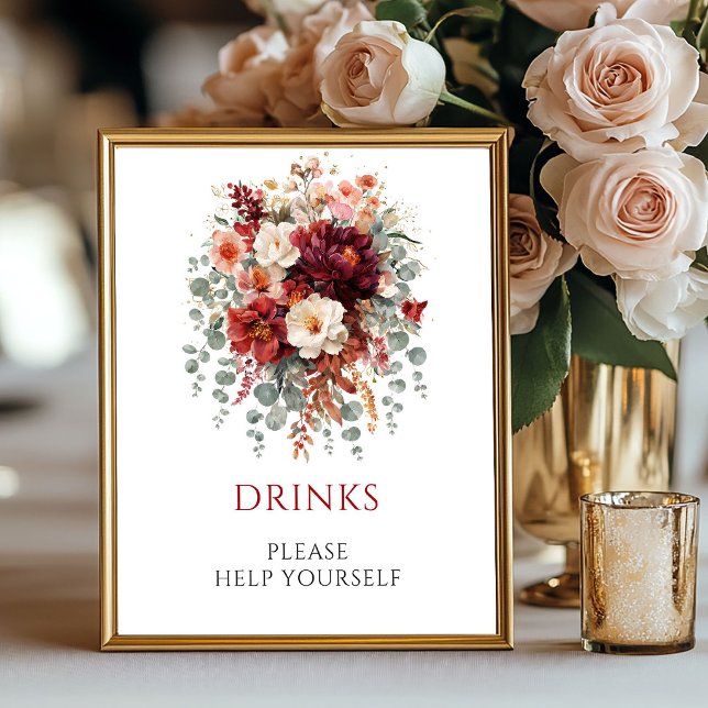Herbst Boho Marsala Florales Getränke Tischschild Poster (Fall Boho Marsala Floral Drinks Tabletop Sign

)