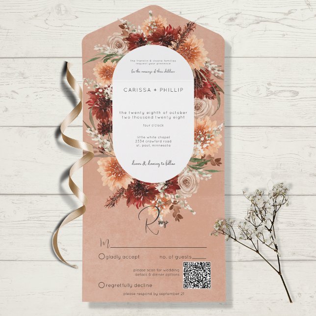 Herbst Boho Rust & Pfirsich Blumenoval QR-Code All In One Einladung (Von Creator hochgeladen)