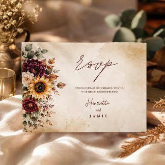 Herbst-Bordeaux-Sonnenblumen-Hochzeitseinschlusska Begleitkarte