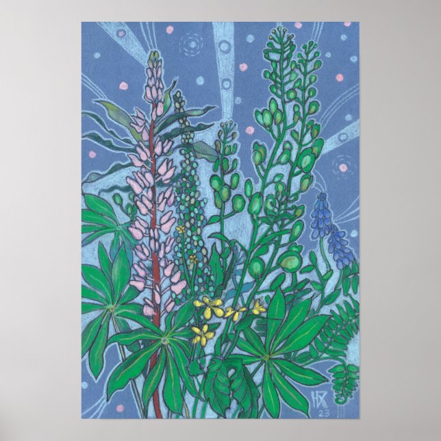 Herbst Bouquet Bluebonnet Wildblume Blumenskizze Poster (Vorne)
