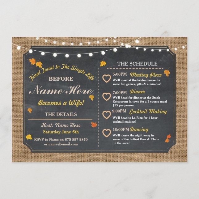 Herbst Brautparty Chalk Itinerary Bachelorette Programm (Vorderseite)