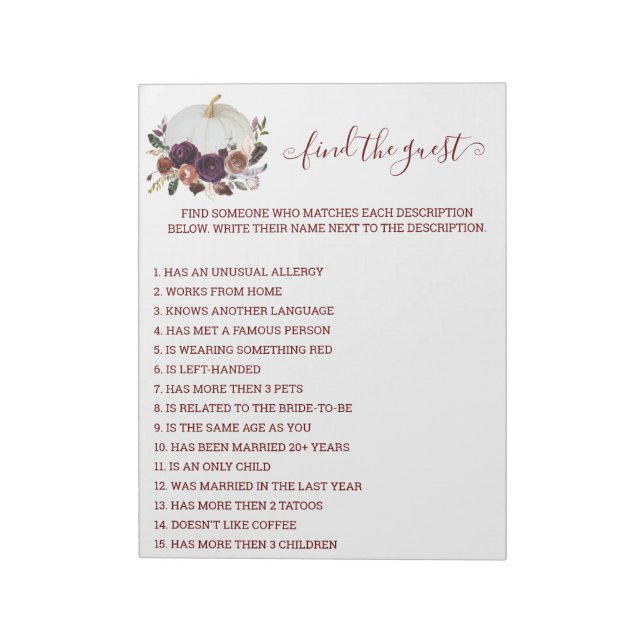 Herbst Brautparty Pumpkin Finde Gast Notizblock (Rotiert)