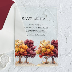 Herbst Burgund Bäume Hochzeit Termin vormerken Acryleinladungen