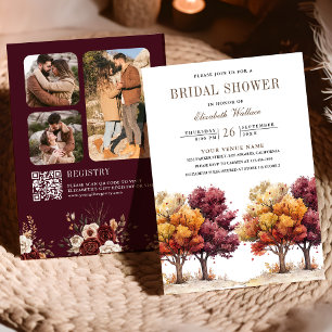 Herbst Burgund Bäume QR Code Brautparty Einladung