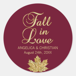 Herbst-Burgund-Gold-FALL in LIEBE Hochzeit Runder Aufkleber