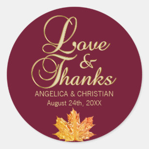 Herbst Burgund Gold LIEBE & DANK Hochzeit Runder Aufkleber