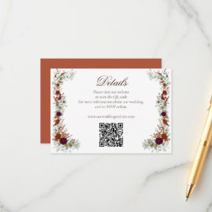 Herbst Burgund & Orange Blumen Hochzeits-QR-Code Begleitkarte