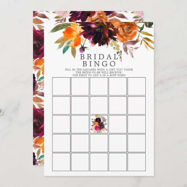 Herbst Burgund & Orange Floral Bingo Spiel Einladung (Vorne/Hinten)