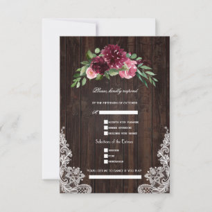 Herbst Burgund Rot Pink Florale Holz-Lace Hochzeit RSVP Karte