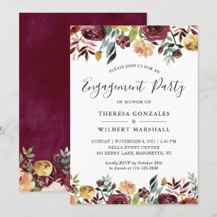 Herbst-Burgund Rote Orange Floral Engagement Party Einladung