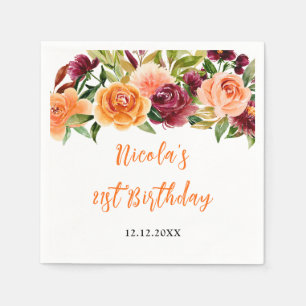 Herbst-Burgund und Orange Floral Geburtstag Serviette