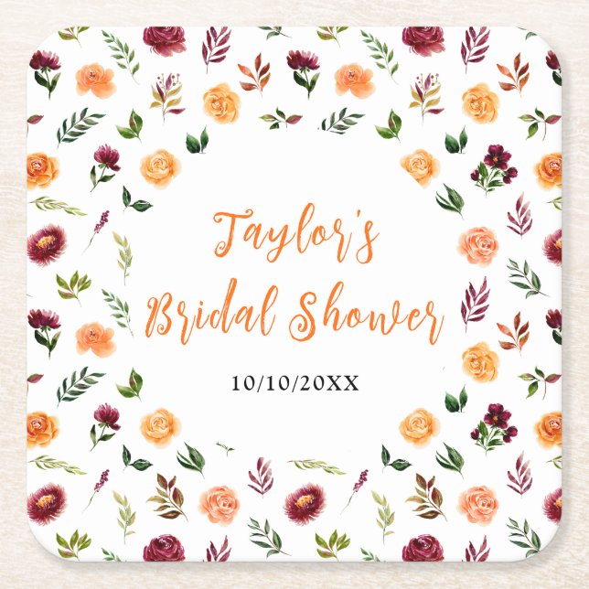 Herbst-Burgund und Orangefarbenes Brautparty Rechteckiger Pappuntersetzer (Vorderseite)
