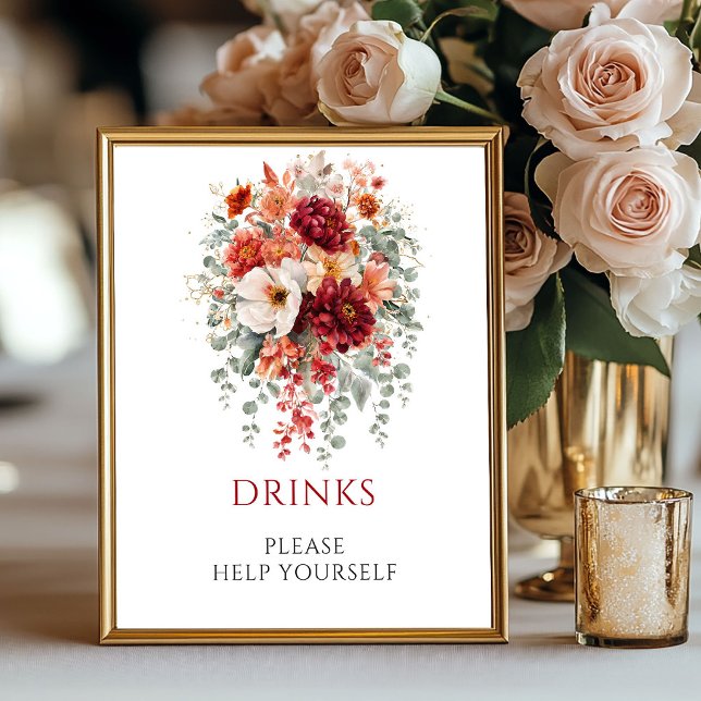 Herbst-Burgunder-Blumen-Getränke-Tischschild Poster (Autumn Burgundy Flowers Drinks Tabletop Sign

)