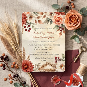Herbst-Burgunder-Dahlie-Pampasgras-Boho-Hochzeit Einladung