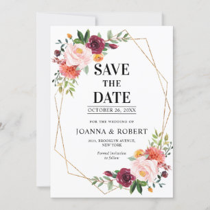 Herbst Burgunder Hauch Florale geometrische Hochze Save The Date