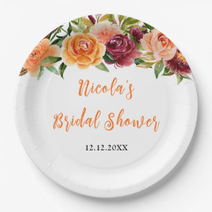 Herbst-Burgunder- und Orangen-Blumen-Braut-Party Pappteller