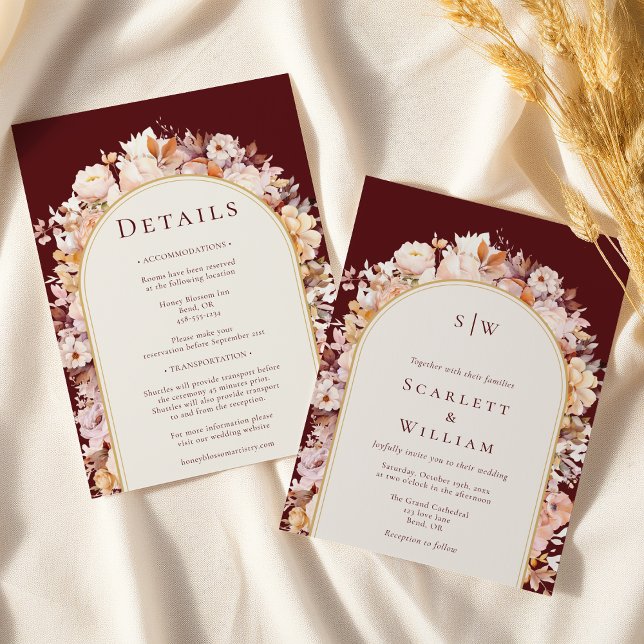 Herbst-Burgundy-Arch-Monogramm in einer Hochzeit Einladung (Von Creator hochgeladen)