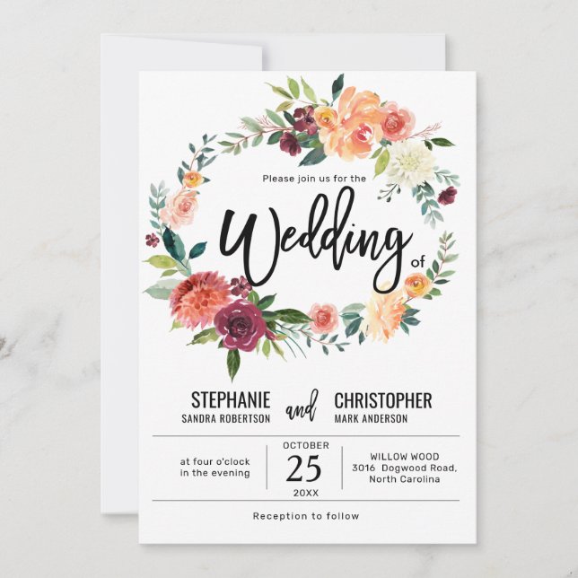 Herbst-Burgundy Blush Bloral Blossom Hochzeit Einladung (Vorderseite)