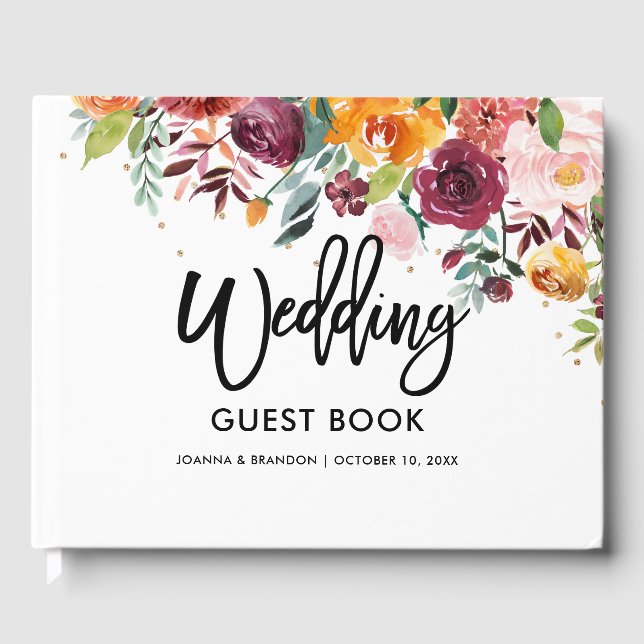 Herbst-Burgundy Blush Bloral Blossom Hochzeit Gästebuch (Vorderseite)