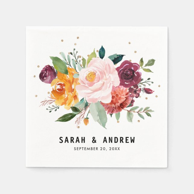 Herbst-Burgundy Blush Bloral Blossom Hochzeit Serviette (Vorderseite)