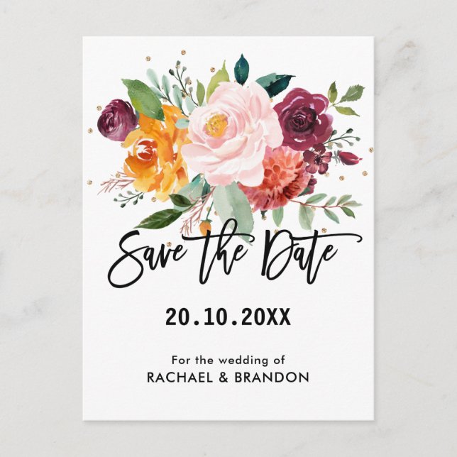 Herbst Burgundy Blush Bloral Blossom Save the Date Postkarte (Vorderseite)