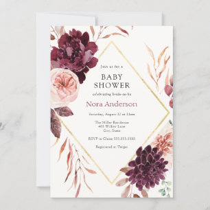 Herbst Burgundy Floral Gold Frame Baby Dusche Einladung