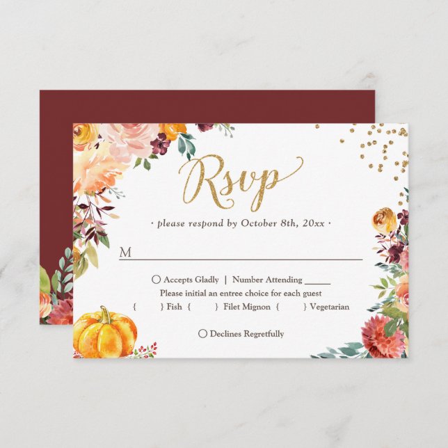 Herbst Burgundy Floral Pumpkin Gold Wedding RSVP Karte (Vorne/Hinten)