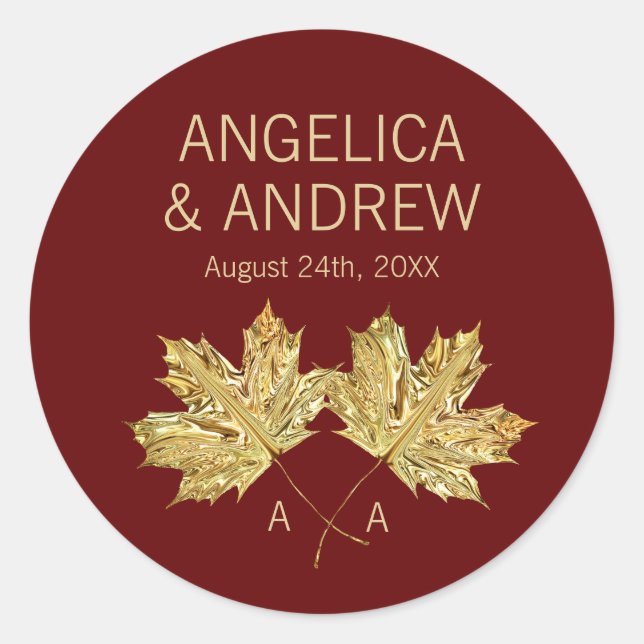 Herbst Burgundy Gold Maple Leaf Hochzeit Runder Aufkleber (Vorderseite)