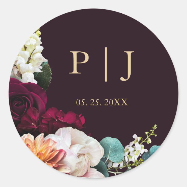 Herbst Burgundy Pink Floral Gold Monogram Runder Aufkleber (Vorderseite)