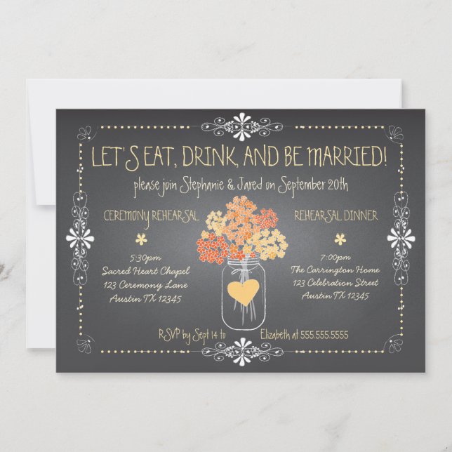 Herbst Chalkboard Hochzeit Probe Mason Jar Einladung (Vorderseite)