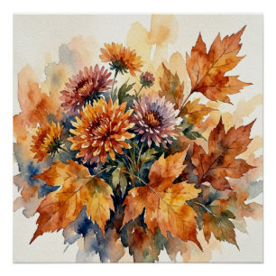 Herbst-Chrysantheme und Ahornblatt-Aquarell-Sträuß Poster