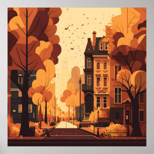 Herbst City Street Rustikale Orange Red Yellow Bro Poster