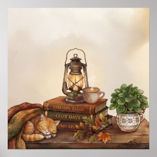Herbst Cottage Hygge, Schlafendes Kätzchen & Dampf Poster