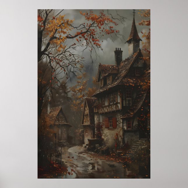 Herbst Cottage Kunst Druck, Rustikale Herbst Wandk Poster (Vorne)