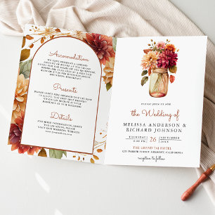 Herbst-Dahlie-Blumen-Mason-Glas-QR-Code-Hochzeit Einladung