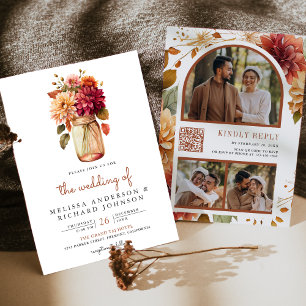 Herbst-Dahlie-Blumen-Mason-Glas-QR-Code-Hochzeit Einladung