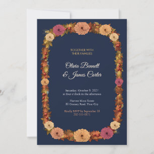 Herbst-Dahlie und Weizenkranz Navy-Hochzeit Einladung