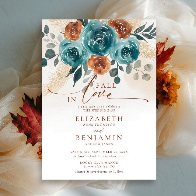 Herbst der Liebe Aquamarin Burnt Orange Boho Blume Einladung (fall in love wedding invitation teal burnt orange terracotta watercolor floral botanical earthy chic)