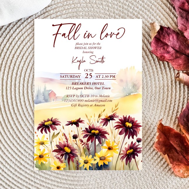 Herbst der Liebe burgundy dahlias gelb Daisie Brid Einladung (Fall in love burgundy dahlias yellow daisies fall themed bridal shower template invitation digital)