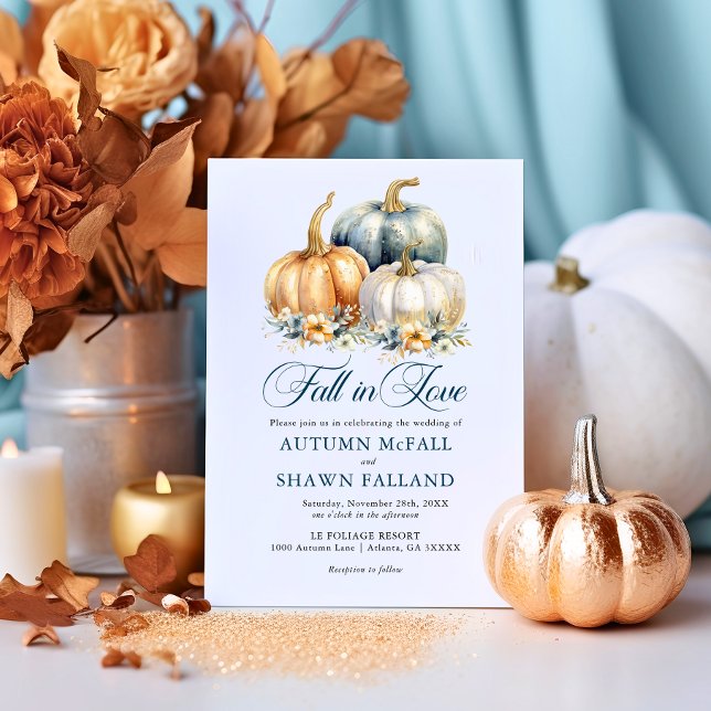 Herbst der Liebe Hochzeitsgolden Einladung (Fall in Love Wedding Gold Blue Pumpkins Autumn Invitation)