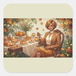 Herbst-Dessert-Tisch – Gemütliches Karamell & Süße Quadratischer Aufkleber