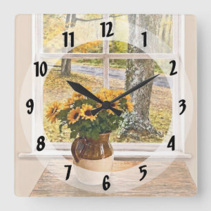 Herbst durch ein Fenster gesehen Quadratische Wanduhr