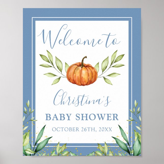 Herbst Dusty Blue Pumpkin Baby Dusche Willkommen Poster (Vorne)